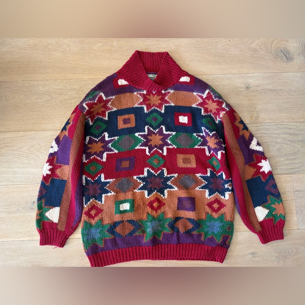 Vintage 80s Forenza abstract quilt star southwest cotton blend  sweater - large